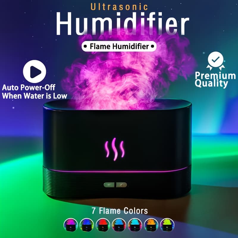 USB Flame Aroma Diffuser With Soundwave Humidification, Color Changing Night Light & Auto Shut-Off For Home/Office