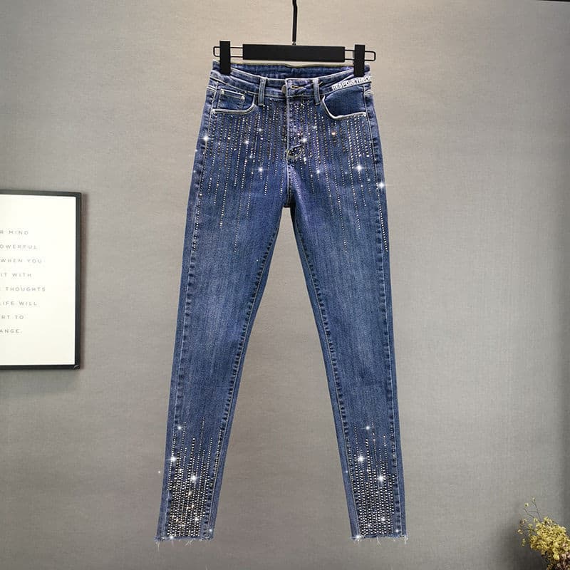 Women's Clothing Jeans Women's Fashion Summer New Slim Fit Versatile High Waist Slim Vertical Stripes Hot Diamond Skinny Pants Fashion