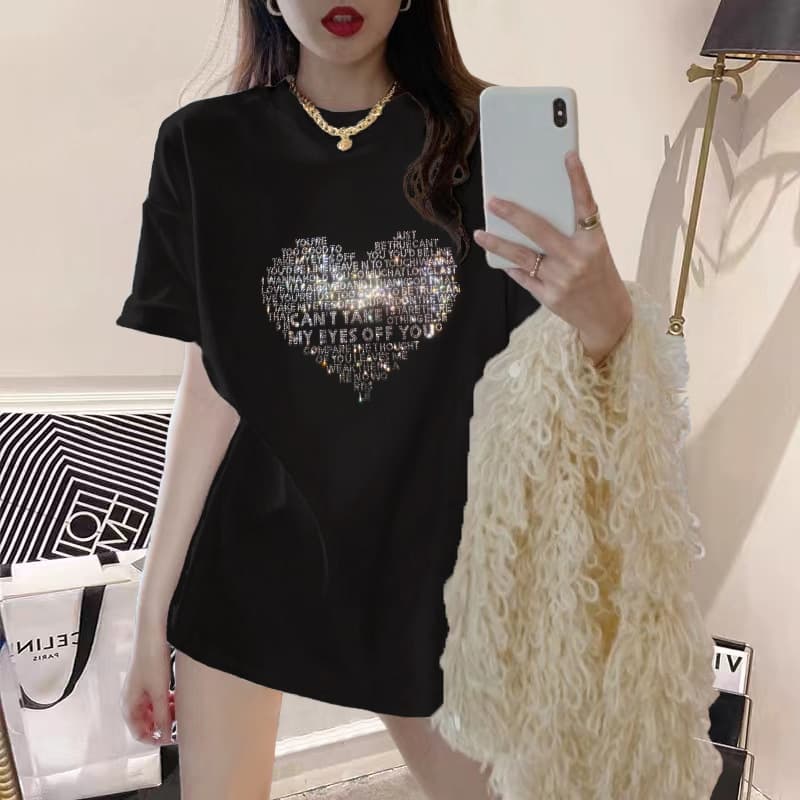 Women's Slimming Fashionable Heavy Industry Love Letter Hot Diamond Short-sleeved T-shirt For Women On The Back Collar