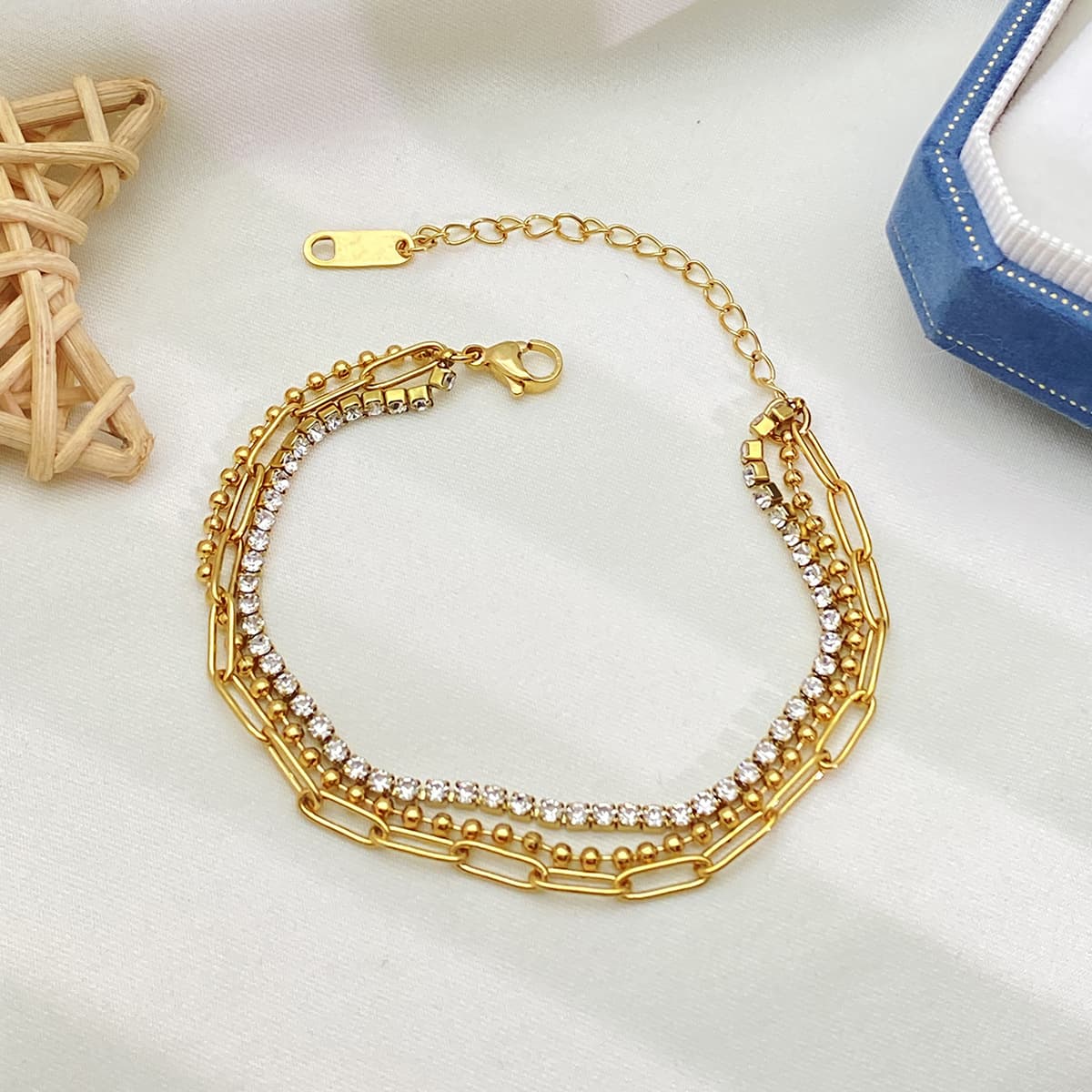 Fashion Trendy Design Stainless Steel Paperclip Chain Double Layer Mesh Crystal Bracelet Anklet Versatile Accessories
