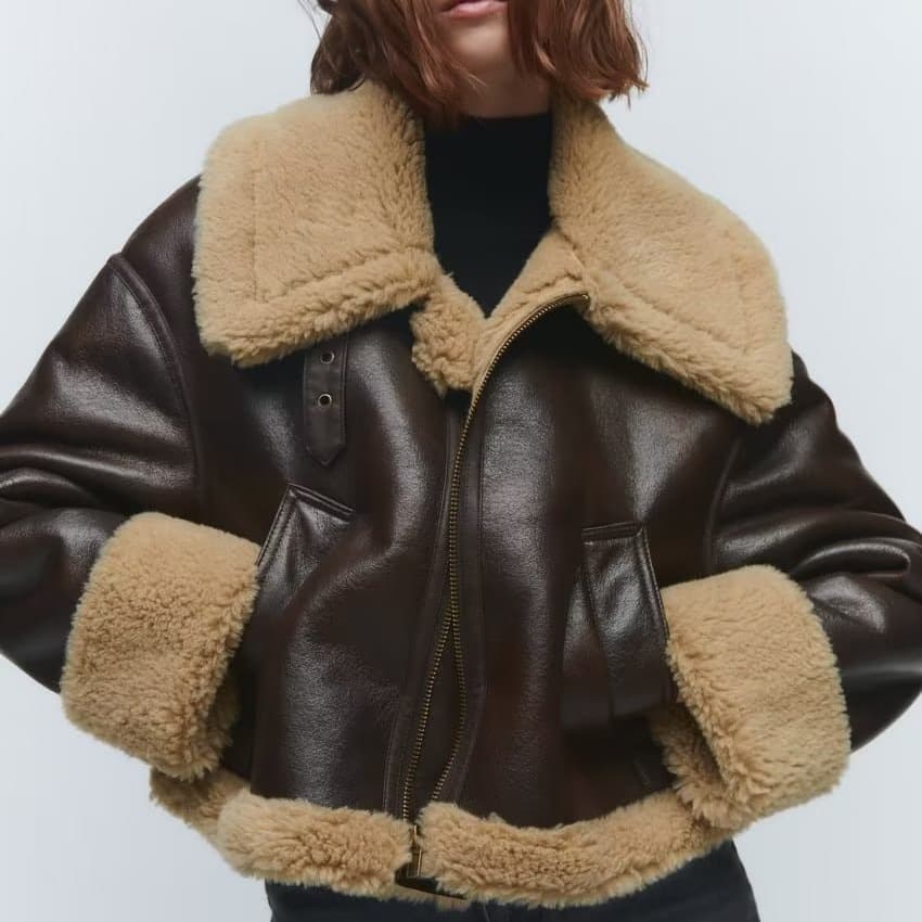 Women's double-sided short jacket jacket long sleeve fur one loose and lazy warm top
