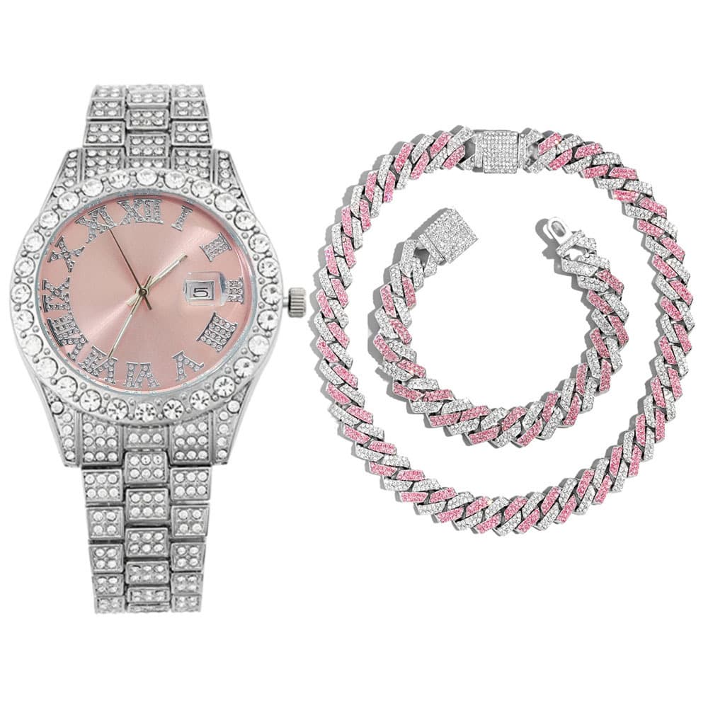 Men's Hip Hop Watch Set Quartz Calendar Alloy Diamond Watch Bracelet & Necklace