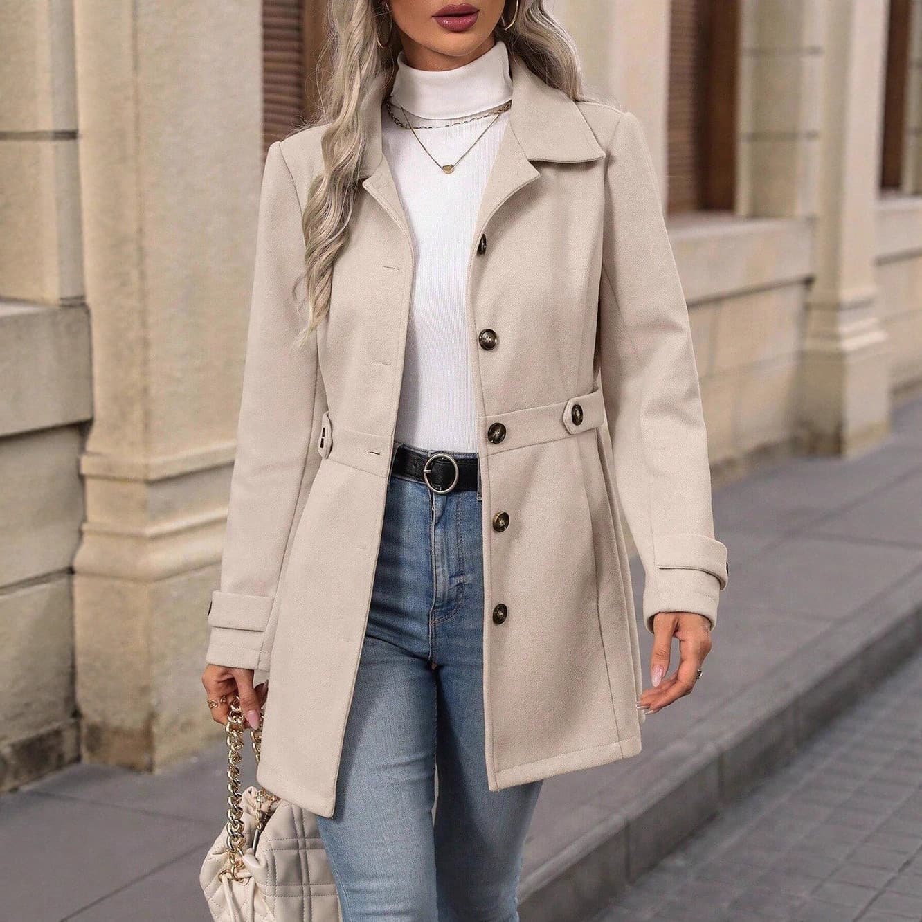 ELLE Autumn Winter New Mid-Length Elegant Wool With Turn-Down Collar And Buttons Slim Fit Woolen Coat