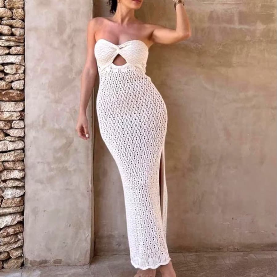 blogger bra-style tube top open mesh hollow knitted elastic hip-covering hot girl dress
