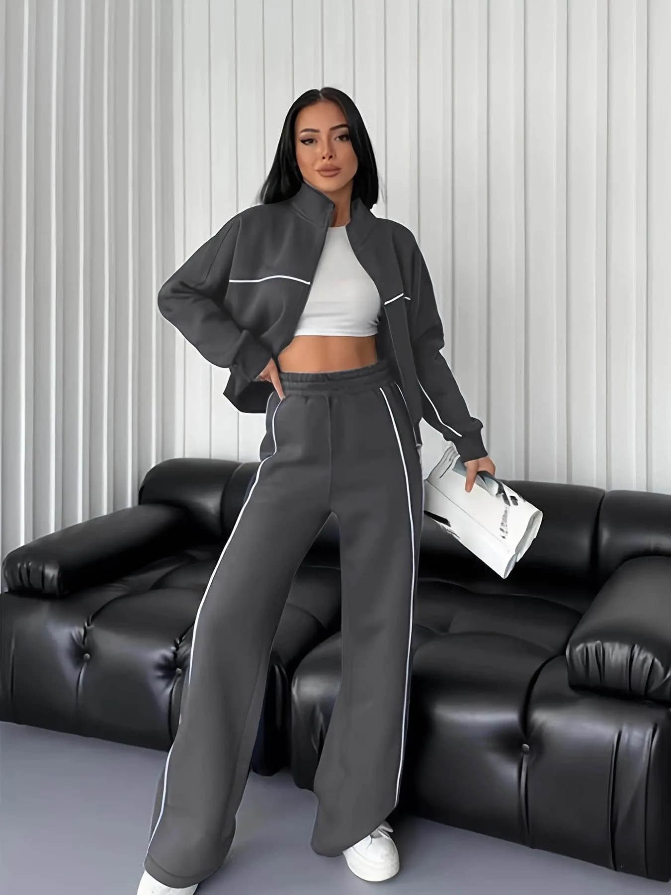 2026 New Casual Set Long Sleeve Half Turtleneck Cardigan Sweatshirt Tie Striped Pants