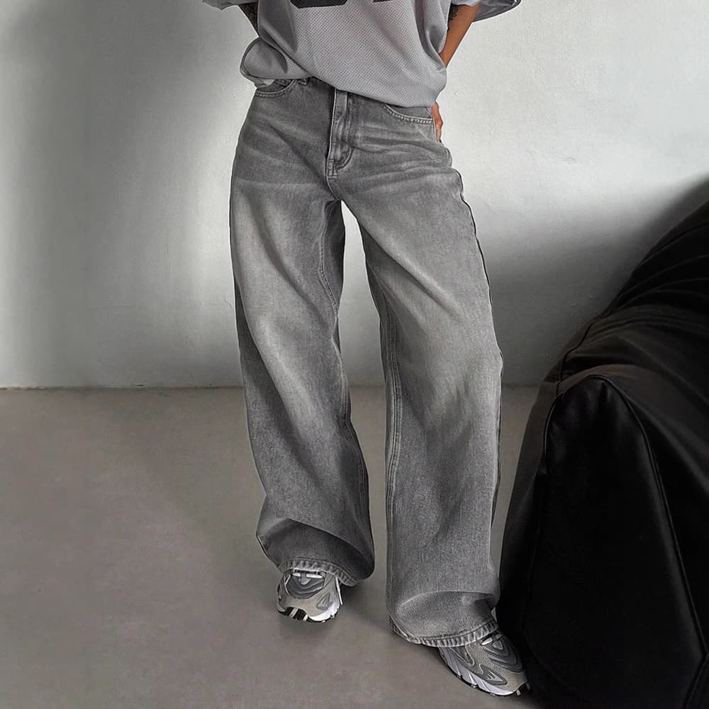 Relaxed Straight-Leg High Waist Jeans For Women - Vintage Washed Wide-Leg Denim Pants, Soft Stretch Comfort, Casual Boho Chic (Smoky Grey, S-2XL)