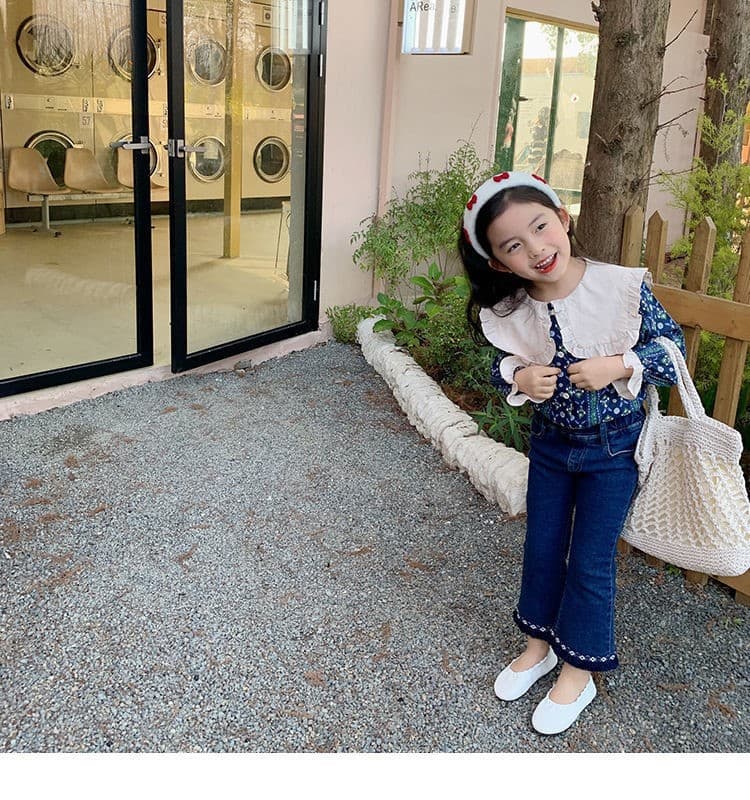 Kids Clothing girls suit large lapel floral shirt plus flared jeans two piece suit