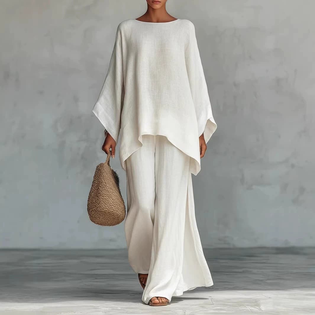 In Stock 2026 European American Cross-border New Women's Simple Loose Linen Blend Shirt And Wide-leg Pants Set