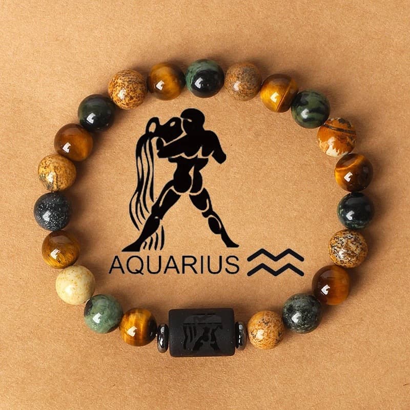Natural Picture Beaded Aries Taurus Aquarius Tiger Eye Stone Zodiac Bracelet