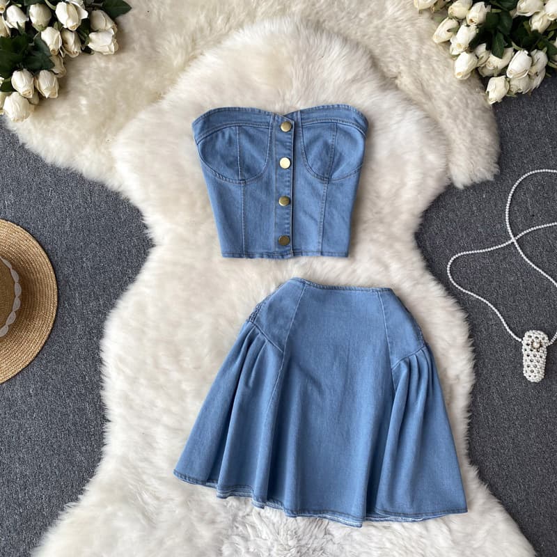 Women's Summer Short Denim Tube Bra Vest Top Two-piece Set High Waist A-Line Skirt Sweet Cool Hot Girl Suit Skirt