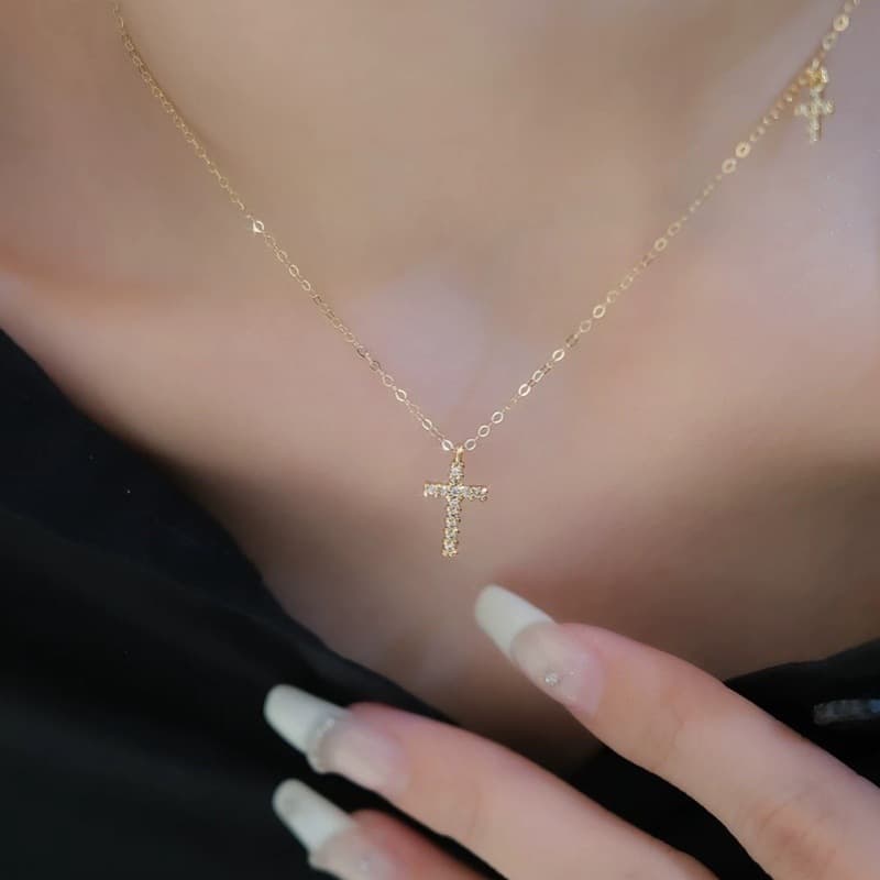 European And American Cross-Border S925 Sterling Silver 14K Gold Plated Cross Pendant Necklace With Diamonds Simple