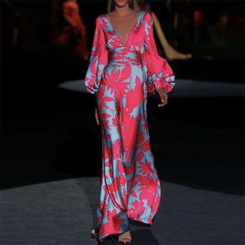 Women's Clothing Spring And Summer Newwomen's Fashion Print Dress Sexy V Neck Waist Loose Long Skirt