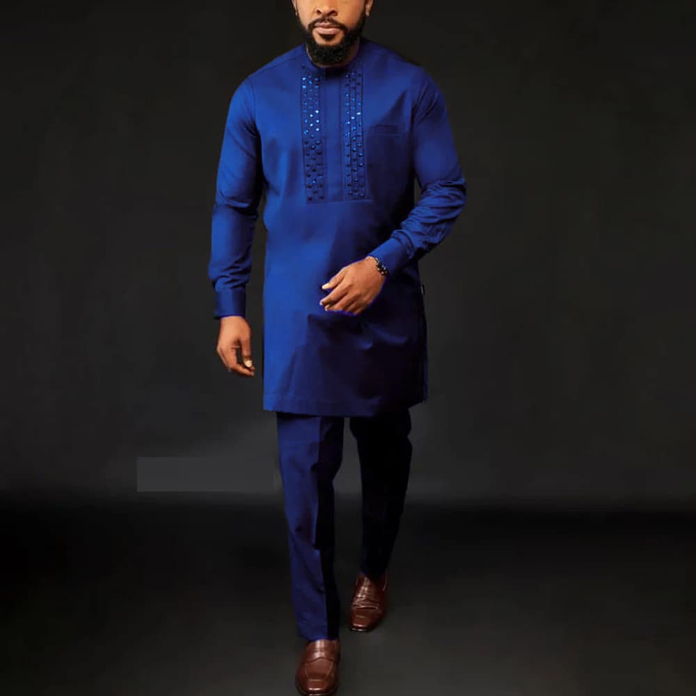Costume noir africain décontracté brodé pour homme, manches longues, idéal pour les mariages et les banquets.