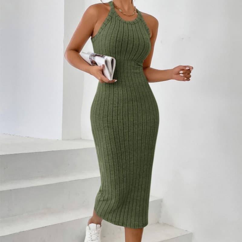 Women's Clothing Round Neck Solid Color Dress All Match No Fork Belt Knitted Sweater Backless Dress
