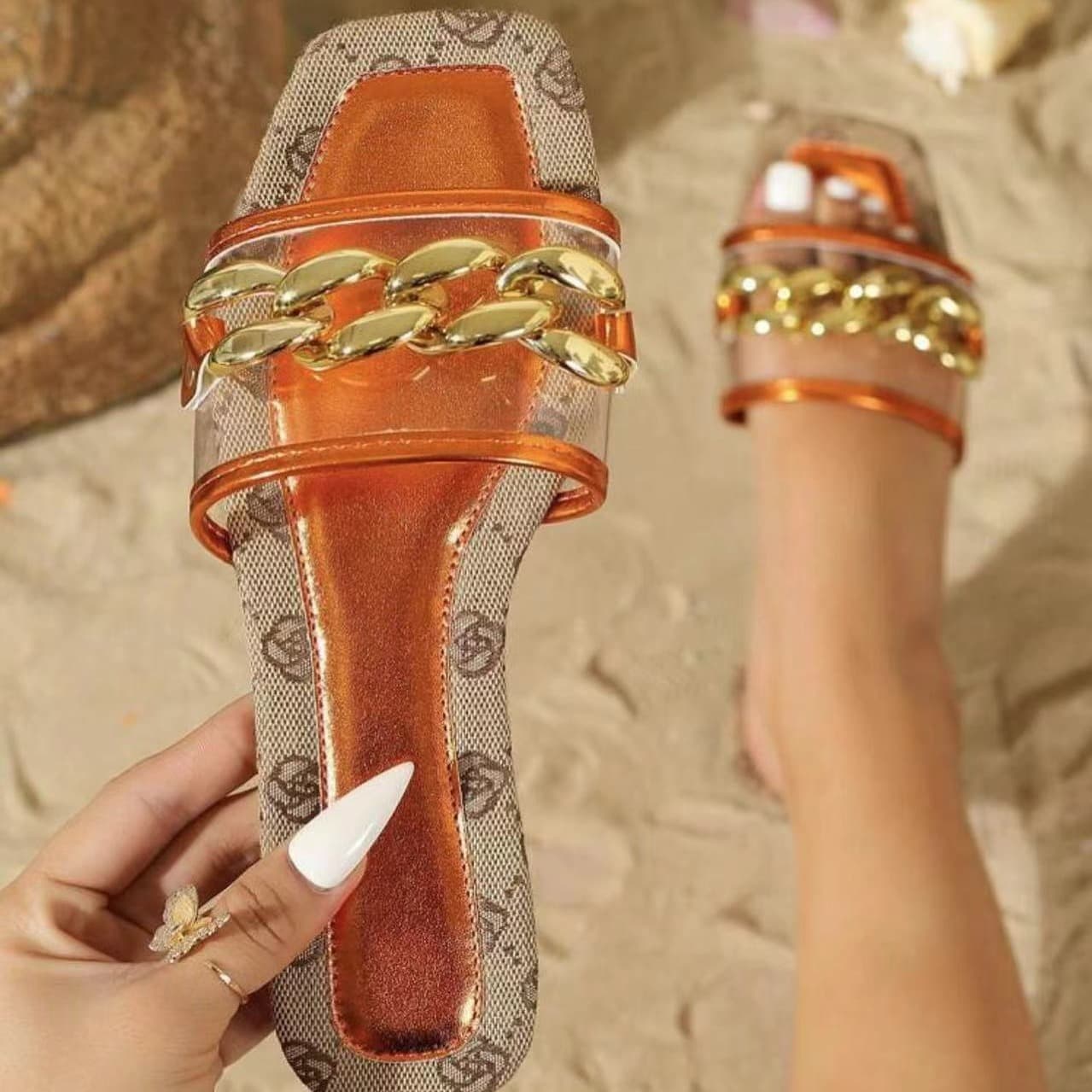 Slides Fashion Metal Buckle Sandals Women's Slippers Outerwear Summer Slippers Casual One Line Embroidery Women's Slippers