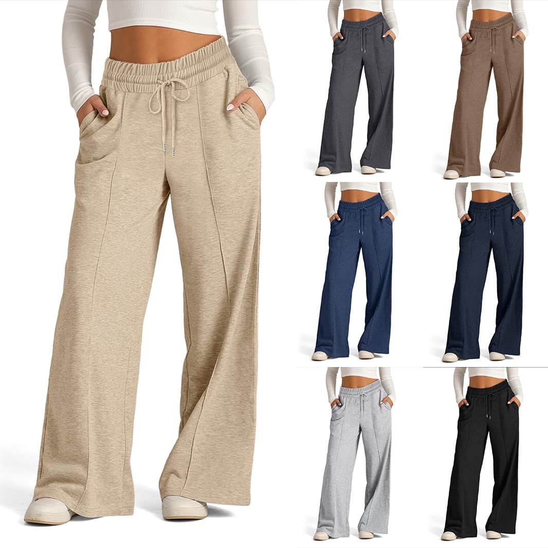 Women's Clothing drawstring solid color waist fashion wide leg casual trousers