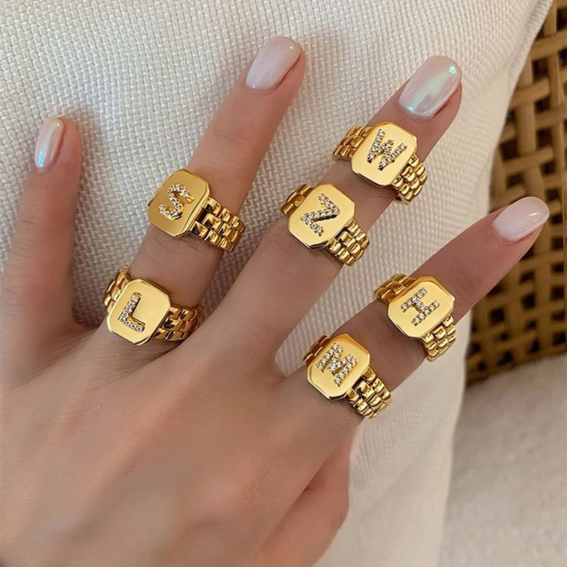 A-Z 26 Letter Ring Zircon size Adjustable Stacking Band Opening Ring Alphabet Jewelry