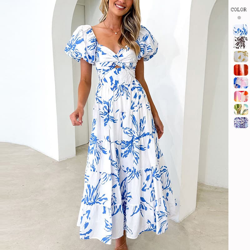 Women's spring and summer new temperament slim printing puff sleeves swing high-end dress for women