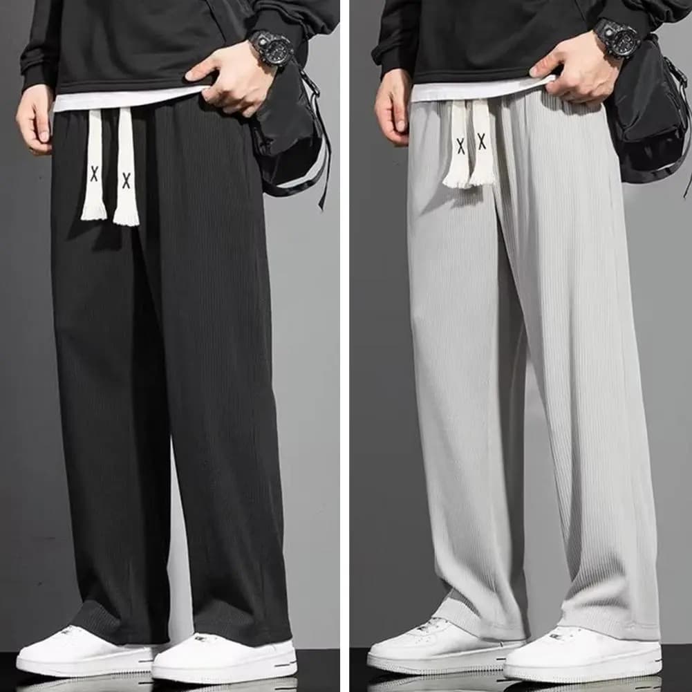 Casual Sports Long Pants Male Garment Men Casual Pants Solid Color Drawstring Elastic Waist Loose Fit Long Trousers