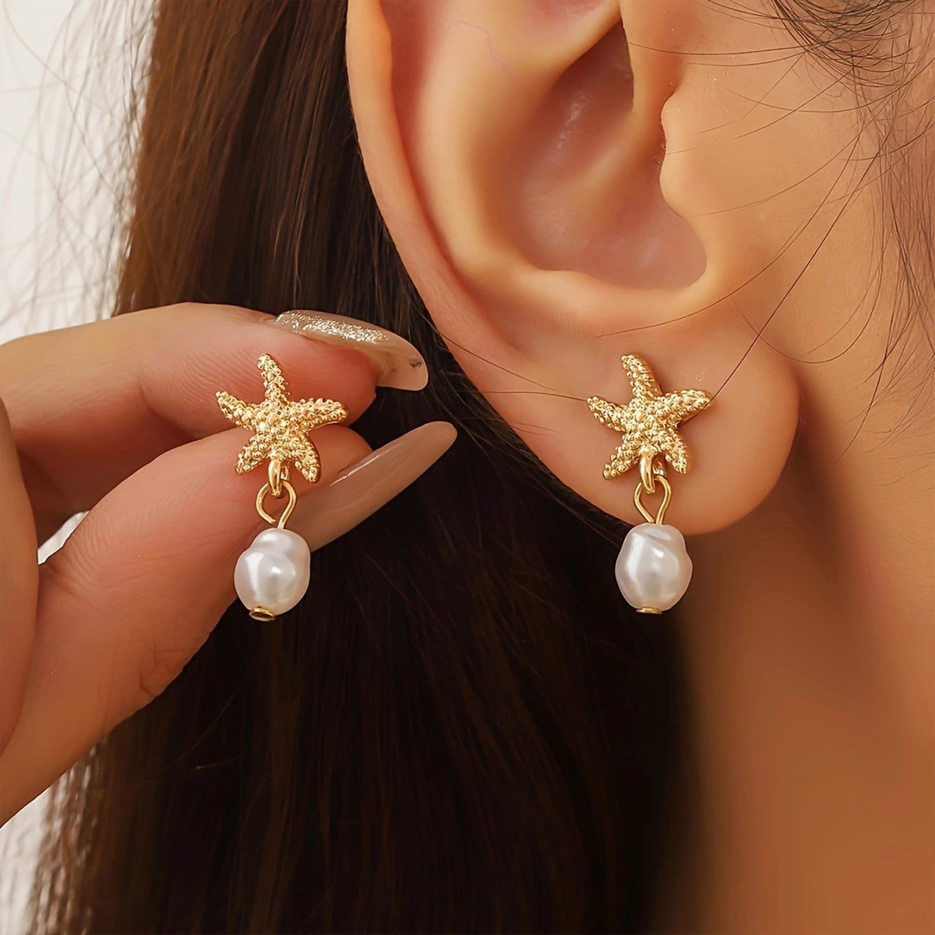Brass Real Gold Electroplating Personality Creative Design Irregular Pearl Pendant Starfish Shaped Earrings For Women