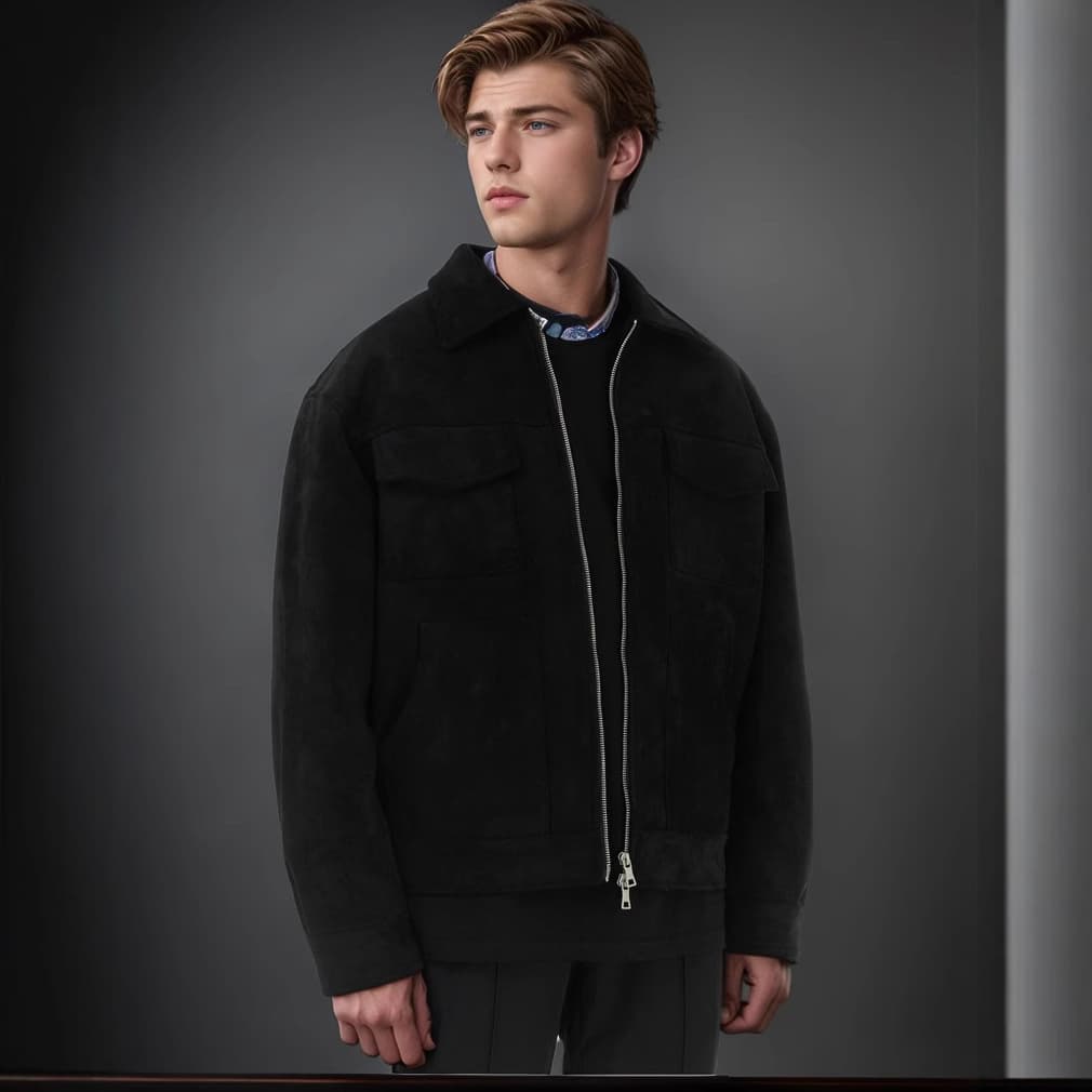 Veste en daim pour homme – Manteau à revers avec poches zippées | Vêtements d'extérieur décontractés printemps/automne