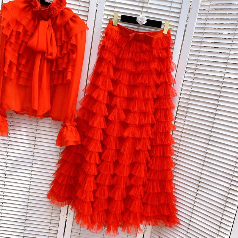 Chemise en mousseline à volants pour femme, nouvelle conception de printemps, jupe à gâteau superposée en maille
