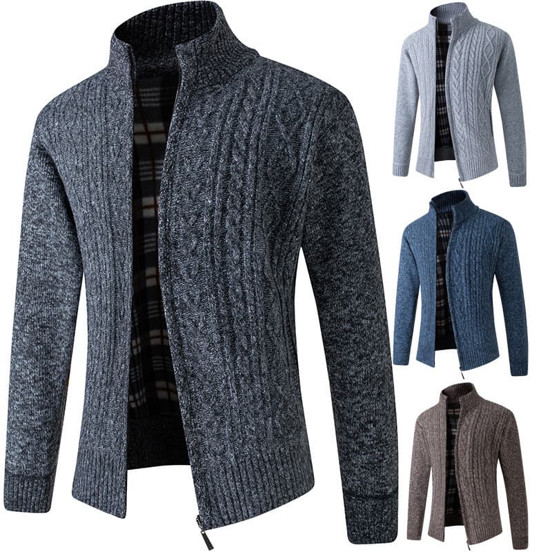 Men's Clothing men's jacket stand collar youth plus velvet thickened coat men's sweater casual twisted flower knitted cardigan top