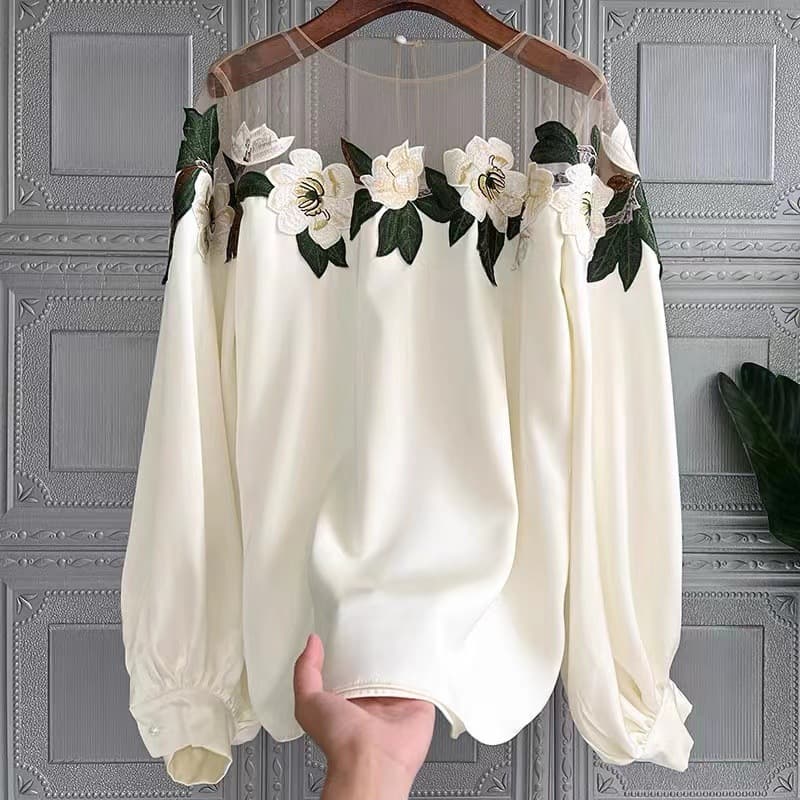 Women's Clothing Design niche lace splicing embroidered collar shirt women's 2024 autumn new fashion long sleeved temperament drape shirt