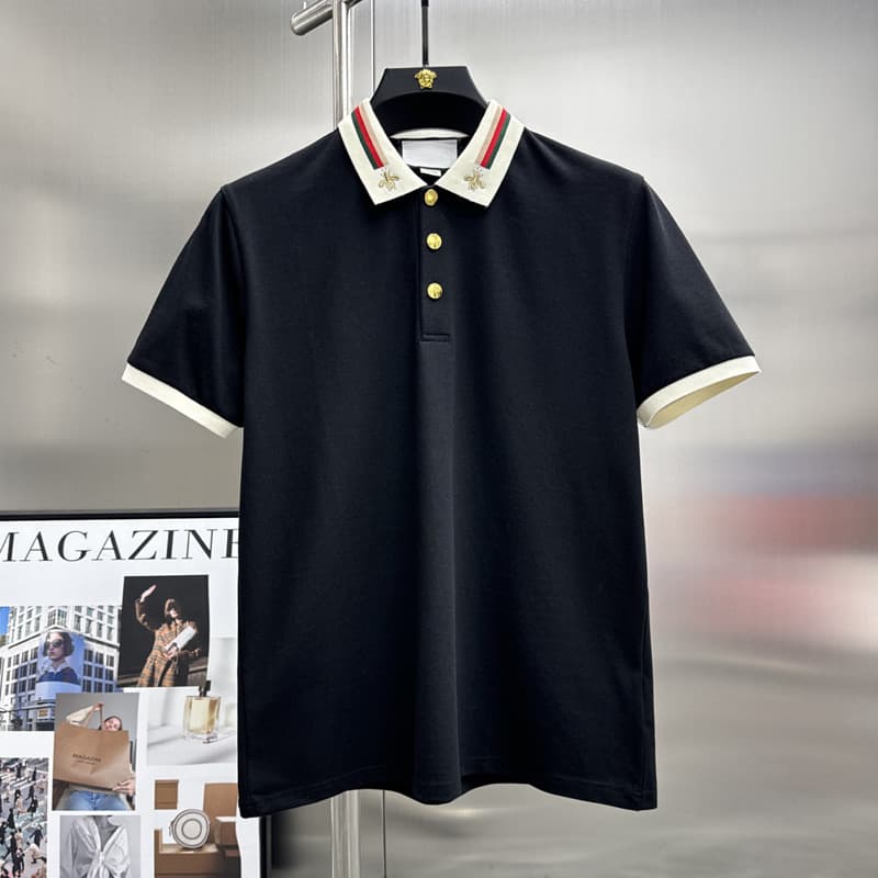 2025 Summer New Trendy Brand Striped Little Bee Embroidered Turn-Down Collar Polo Shirt Men's Slim Fit Business Casual