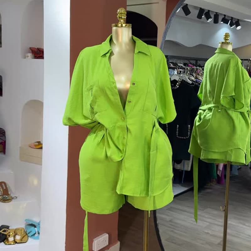 Women's Casual Lapel Shirt And Wide Leg Shorts Set Fashion Autumn New Loose Tie Short Sleeved Clothing