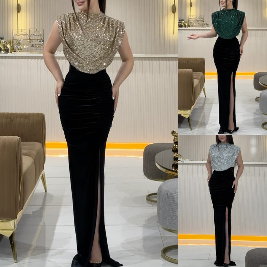 Women's Clothing Cross border spring and autumn new sequined sleeveless dress INS casual party slit dress