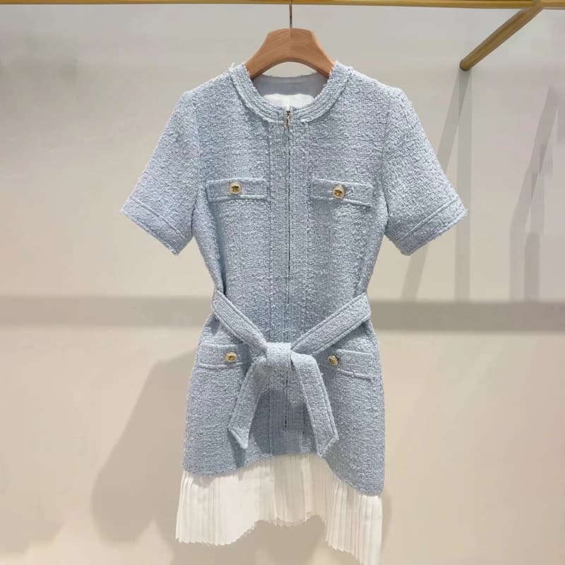 Women's Clothing Early Spring Fashion Sky Blue Tweed Waist Patchwork Pleated Hem Round Neck Dress 24941