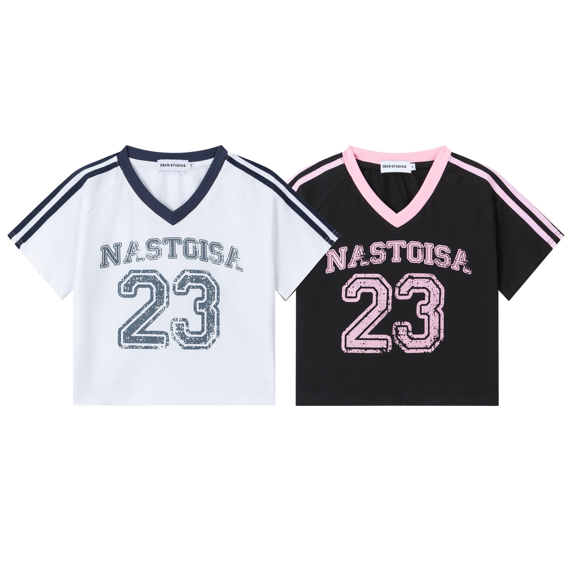 ​​Sexy Cropped V-Neck Sports Jersey Top For Women - High Waist Striped & Distressed Print Slim Fit T-Shirt (Black/White, S-L)​​