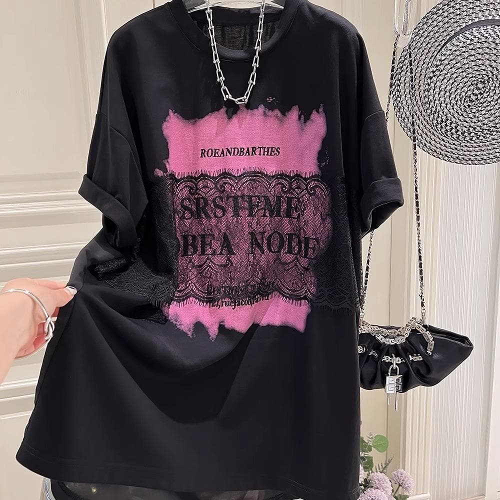 Women's Clothing Casual Fashion Lace Splicing Medium Long T Shirt Dress