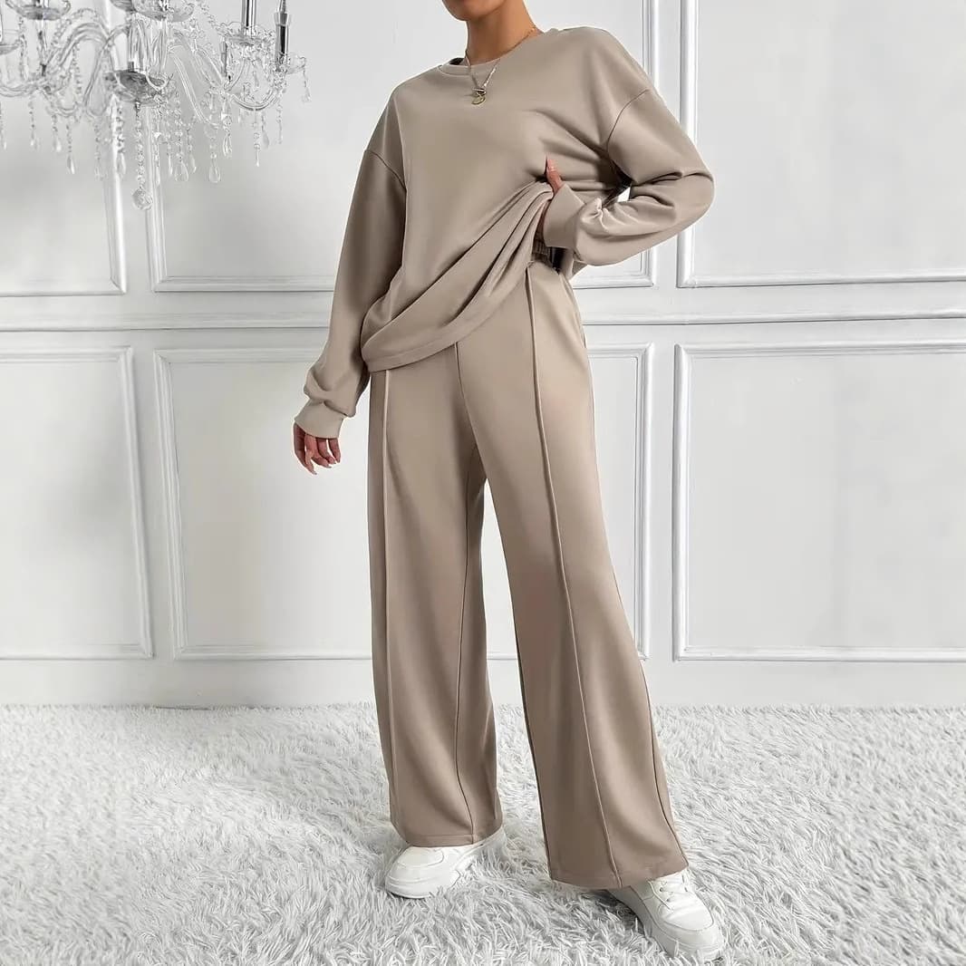 Women's Solid Color Two Piece Suit Round Neck Long Sleeve European American Style Temperament Hot Selling Ins Fashion Set