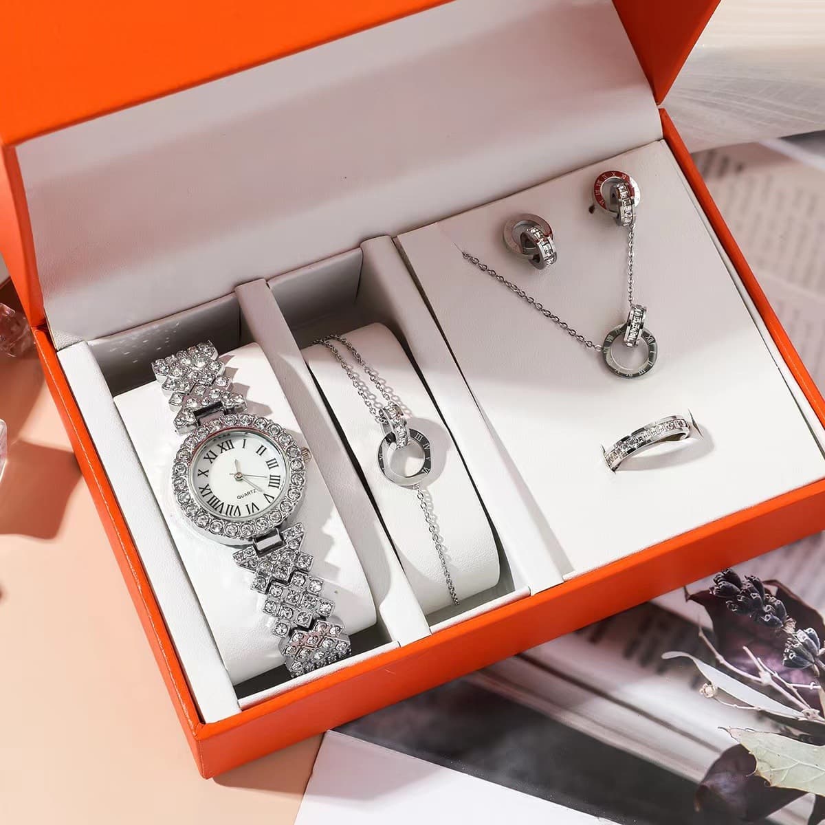 Women's Five-piece Watch + Bracelet + Ring + Earrings + Necklace Fashion Gift Box Quartz Wrist Watch