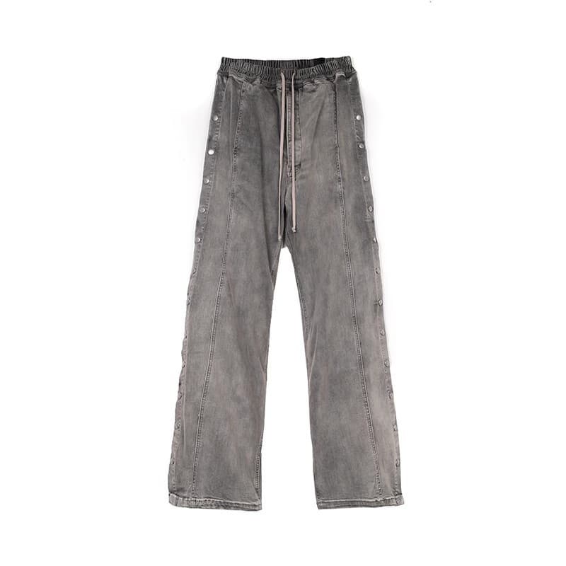 RO RICK Style Hip Hop Street Style Washed Distressed Smoky Gray Floor Length Button Down Jeans, Same Style As Central Cee.