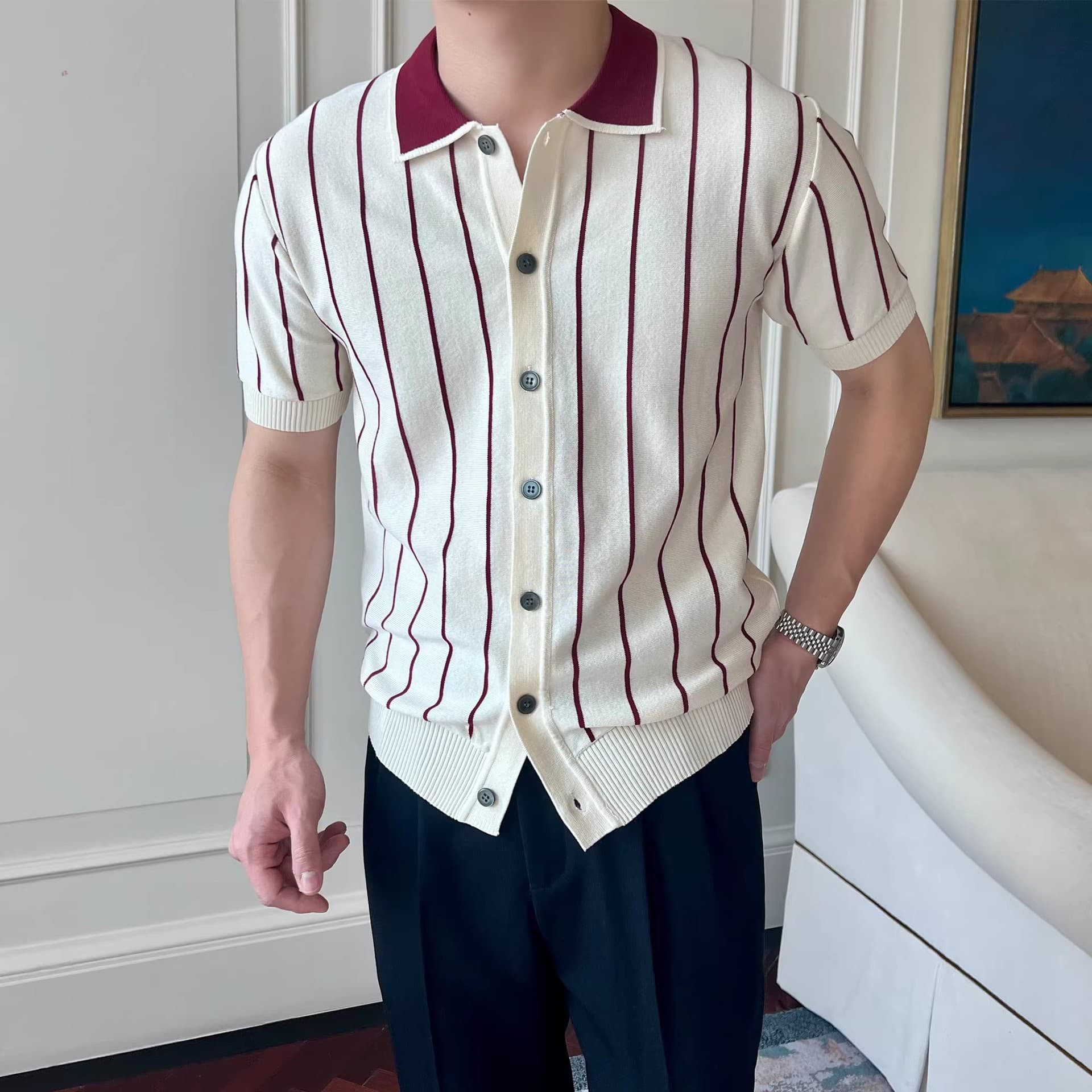 Men's Casual Striped Polo Shirt Slim Fit Short Sleeve Business Lapel Top Thin Knitted Gentleman T-Shirt Summer