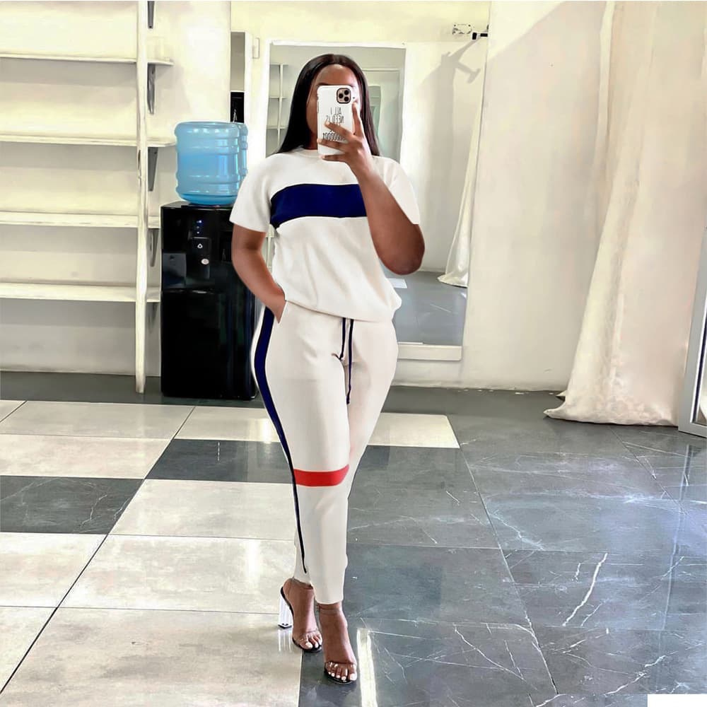 Women's sports casual color matching striped long-sleeved hoodie slim pants two-piece set