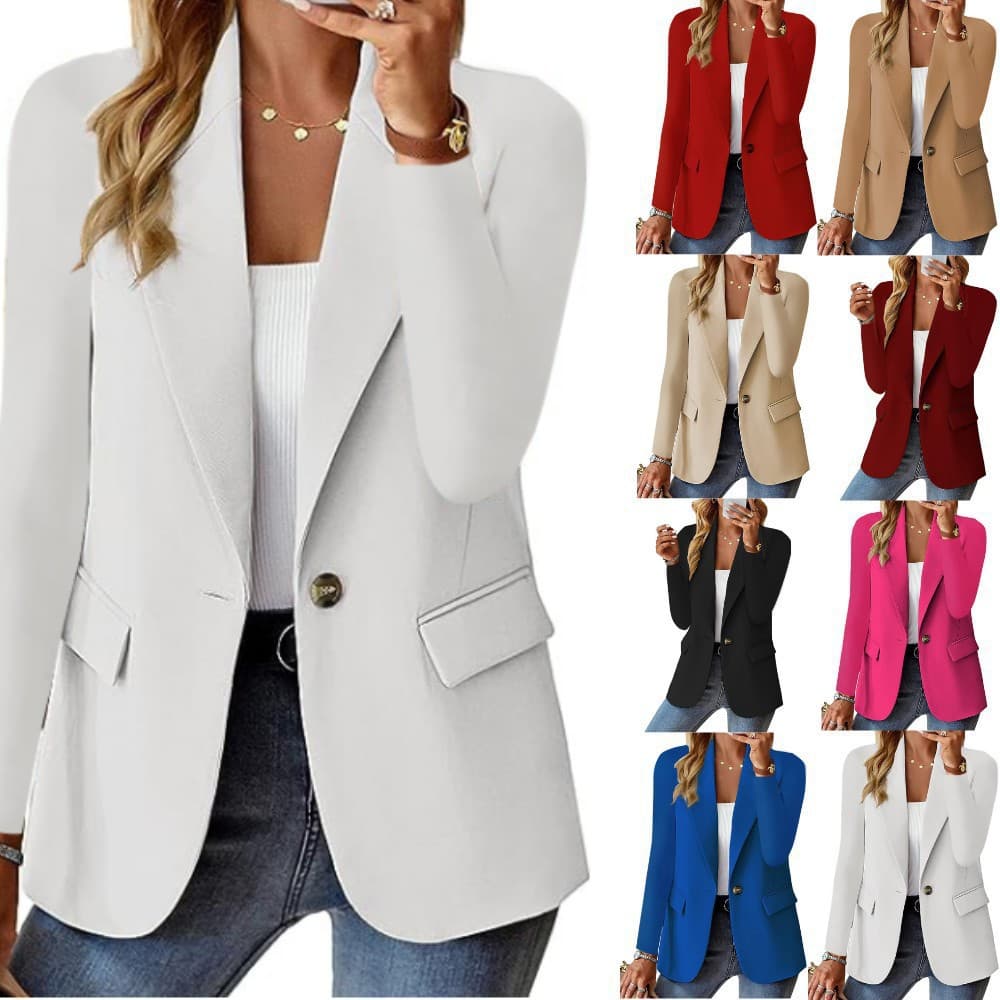 Elegant Long Sleeve Solid Color Blazer For Women - Versatile V-Neck Office Cardigan With Pockets, Lightweight Polyester, S-3XL