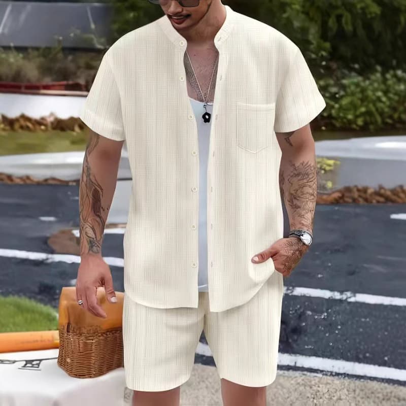 Men's Clothing New Summer Men's Shirt Casual Henry Collar Pocket Short Sleeved Shorts Beach Suit