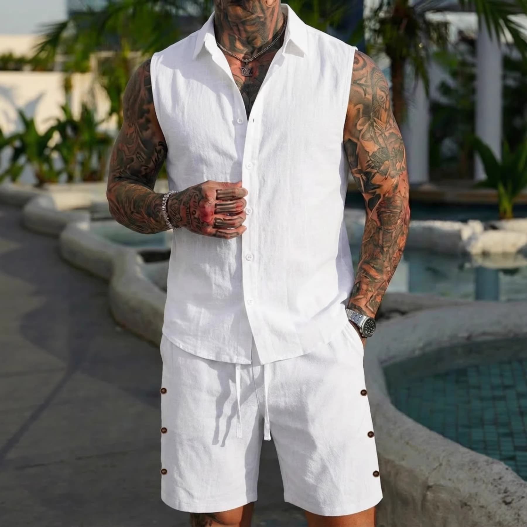 Men's Sleeveless Polo Shirt & Shorts Set – Breathable Cotton-Blend Summer Outfit (White/Black/Sky Blue/Pink/Khaki, S-Xxxl) – Casual Athleisure Wear