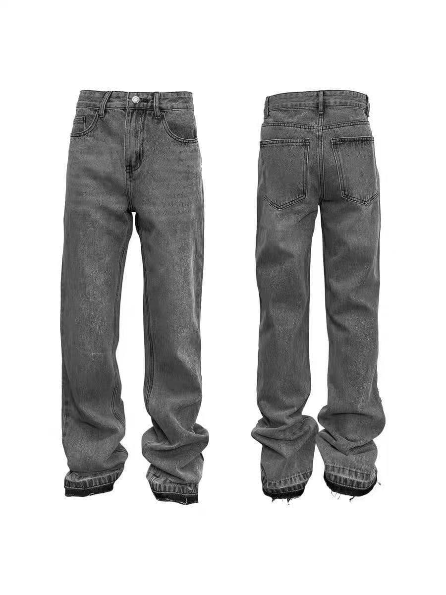 Men's Distressed Flared Jeans - Vintage Grey Cleanfit Denim With Frayed Hem, High Street Micro Bell Bottoms​