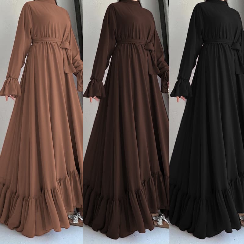 Women’s Clothing Muslim New Chiffon Solid Color Long Belt Fashion Elegant Dress