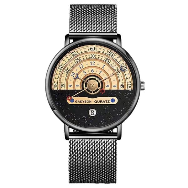 New Star And Moon Concept Black And White Watch Calendar Half Roulette Wheel Time Display Fashion Men's Quartz Wrist Watch