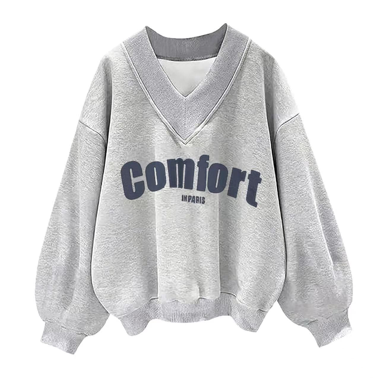 Women's Fashion V-Neck Casual Sweatshirt - Loose Fit Long Sleeve Pullover With Letter Print, Comfortable Polyester Blend, Multiple Colors