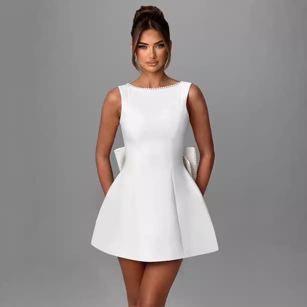 Women's Clothing Pearl Bow Fashion Slim Short Skirt Back Hot Girl A Line Dress