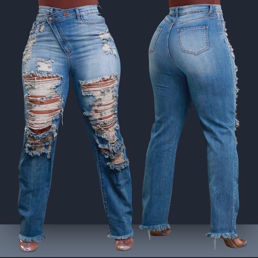 ​​"Tassel-Trim Straight Leg Jeans - Elastic Waist Winter Denim Pants For Women (Blue/Dark Blue, S-XXL)"​​