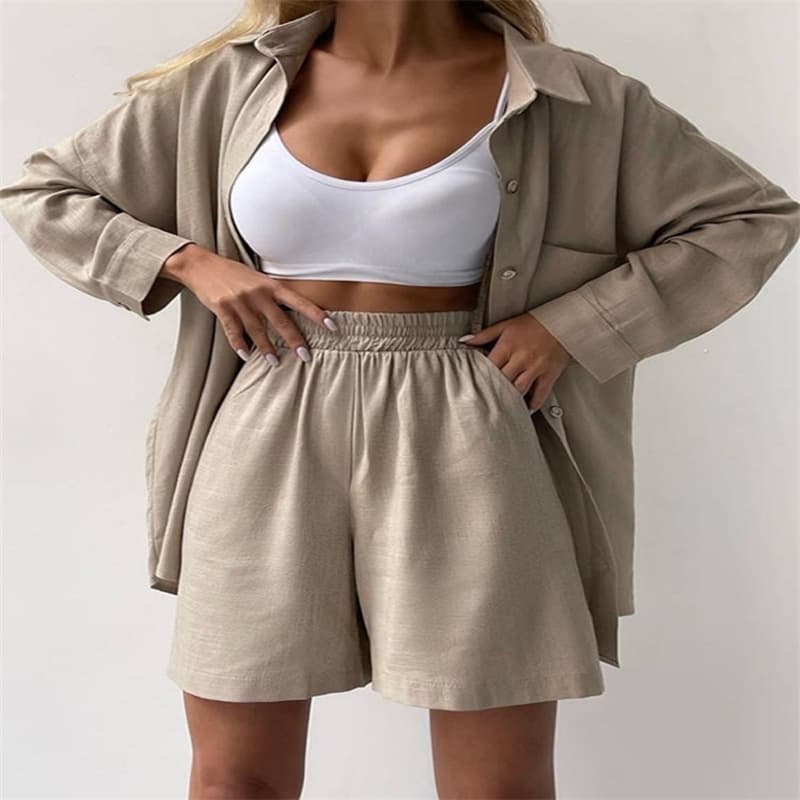 Fashion Plus Size Women's Clothing Spring Casual Single Breasted Long Sleeved Solid Color Shirt Loose Shorts Suit Women