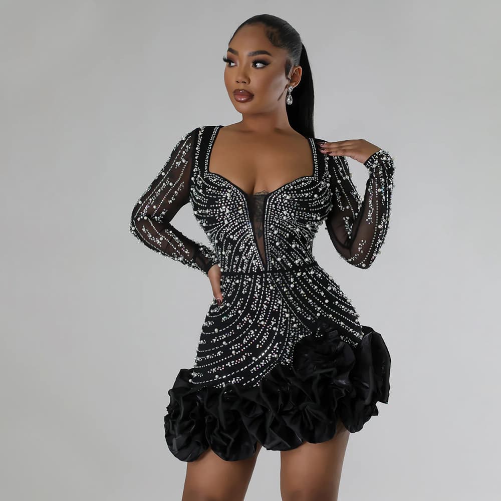 Women's Clothing Fashion Heavy Duty Hot Diamond Beading Ruffle Stitching Sexy Tight Hip Dress